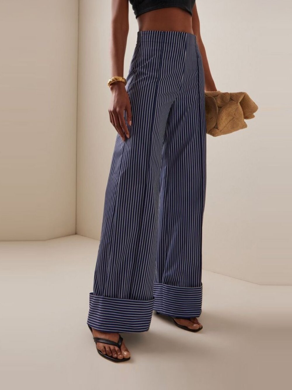 Navy Blue Casual Women's Striped Wide Leg Pants - Picture 1 of 4